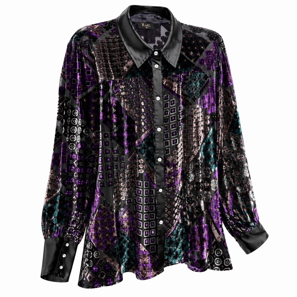 Meritt Velour Tunic Top 1XL Mardi Gra Burnout Sheer Patchwork Balloon Sleeve